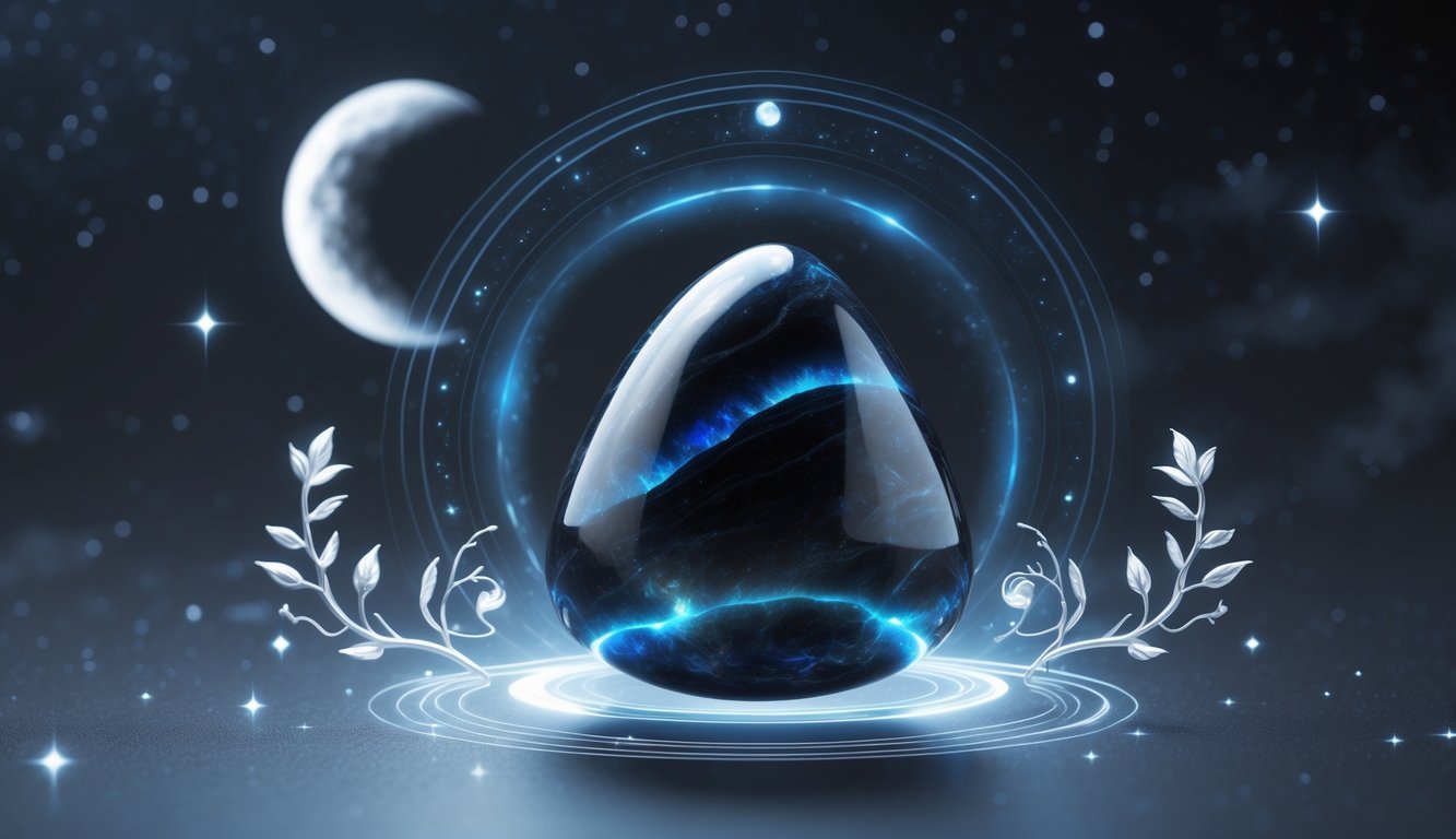 A glowing black moonstone surrounded by swirling energy waves, lunar phases, silver vines, and stars against a dark starry night sky with a crescent moon.