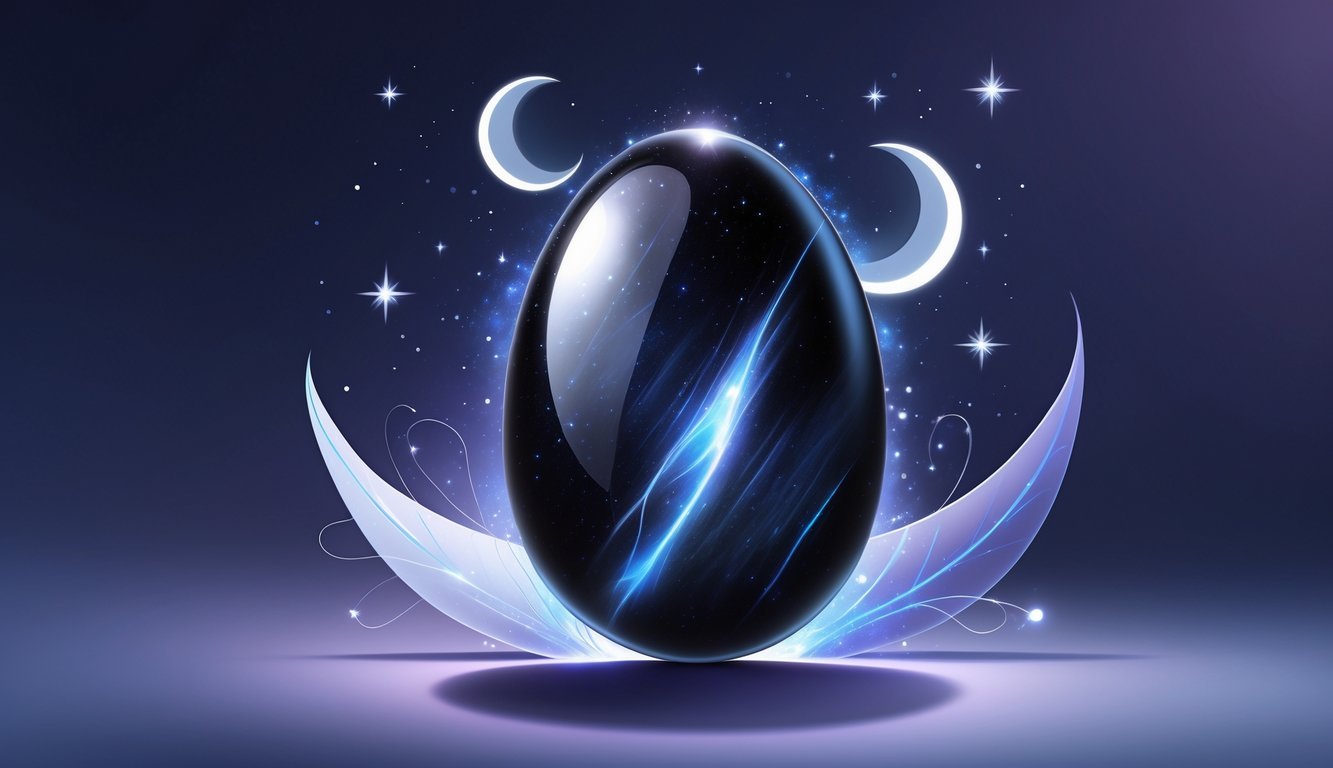 A polished black moonstone gemstone surrounded by crescent moons and stars against a dark night sky background.