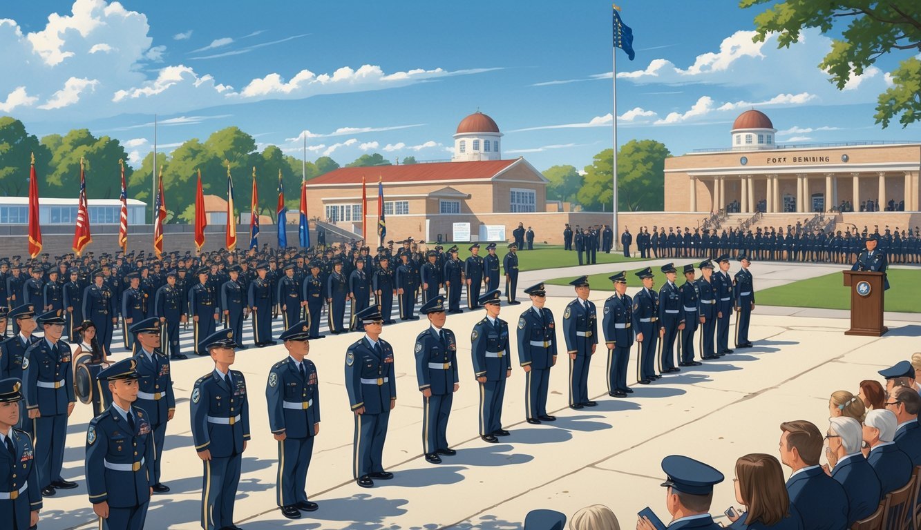 A military graduation ceremony at Fort Benning with soldiers standing in formation, a commanding officer speaking at a podium, and guests watching on a clear day.