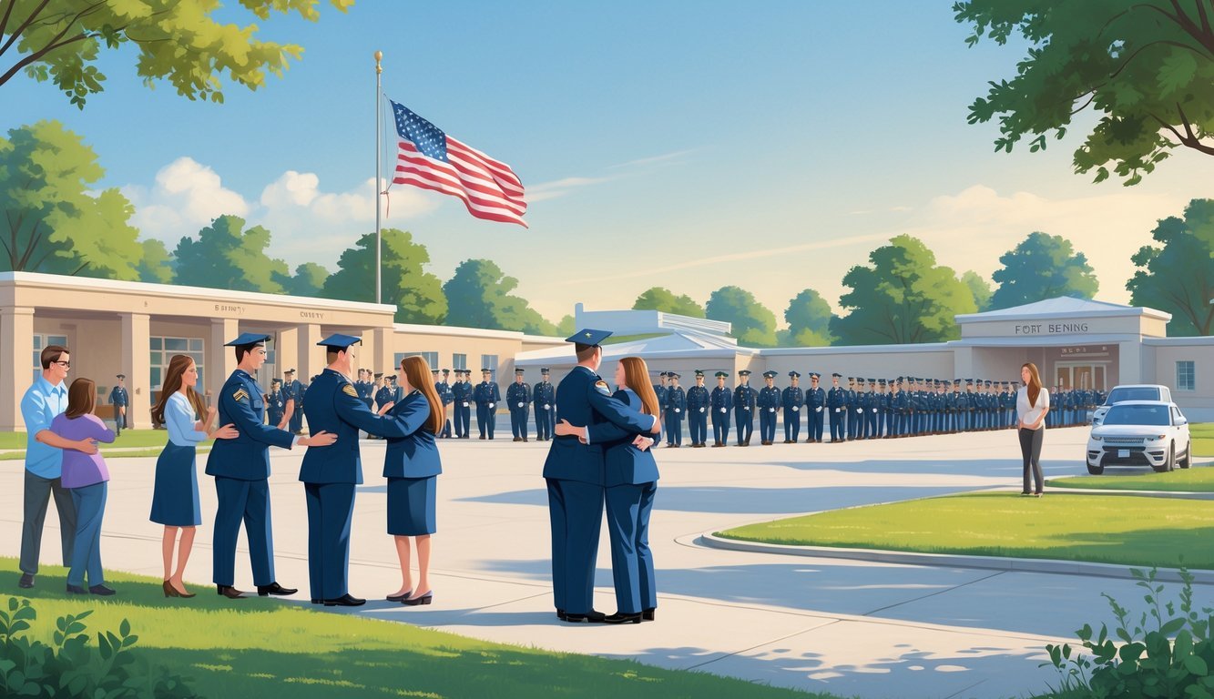 People greeting soldiers in military uniforms at Fort Benning graduation with parade grounds and American flag in the background.
