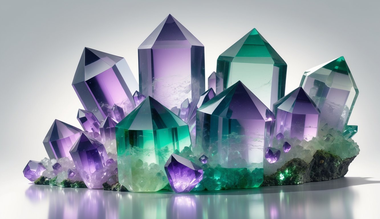 A cluster of translucent fluorite crystals in purple, green, and blue colors with sharp edges and smooth surfaces.