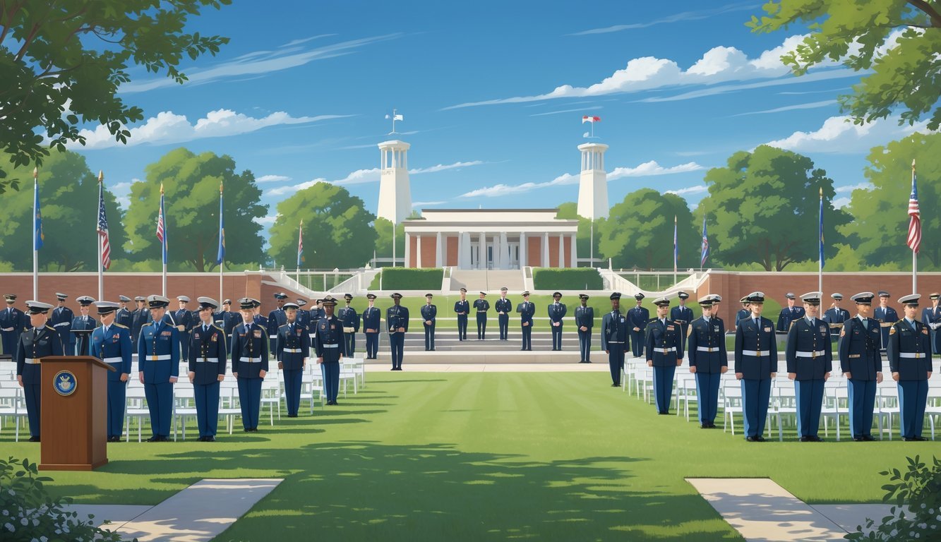 A group of uniformed soldiers standing on a parade ground during a graduation ceremony at Fort Benning with military buildings and families in the background.