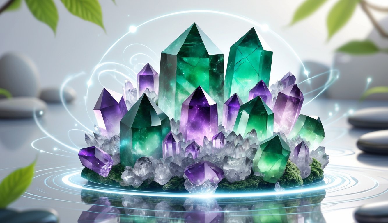 A cluster of green and purple fluorite crystals glowing softly with light waves around them, set against a calm natural background with leaves and smooth stones.