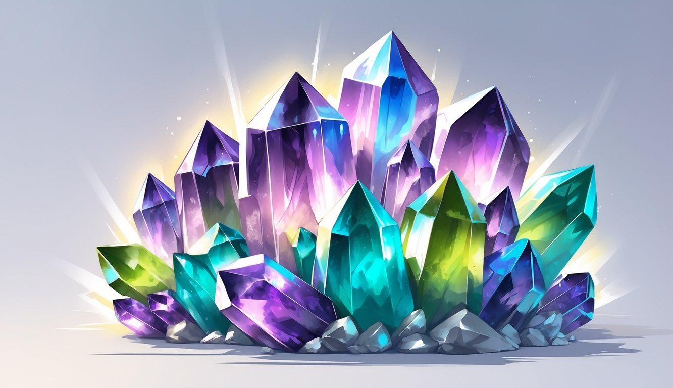 A detailed illustration of a cluster of colorful fluorite crystals with purple, green, and blue hues on a clean background.