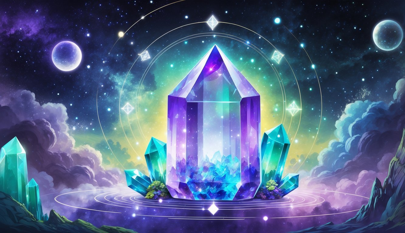 A glowing multifaceted fluorite crystal surrounded by mystical energy waves and orbs, set against a cosmic background with stars and nebulae.
