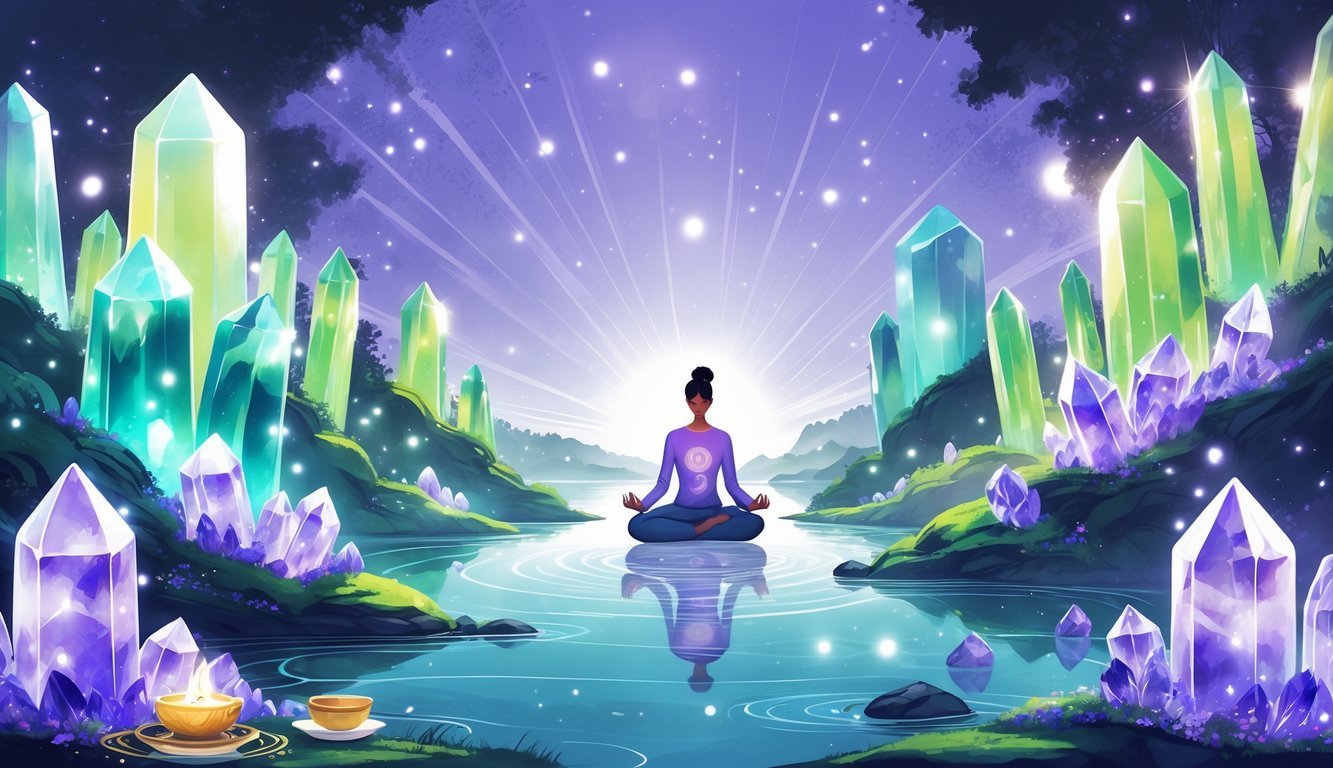 A person meditating peacefully surrounded by glowing purple, green, and blue crystals in a calm, misty natural setting with flowing water and soft light.