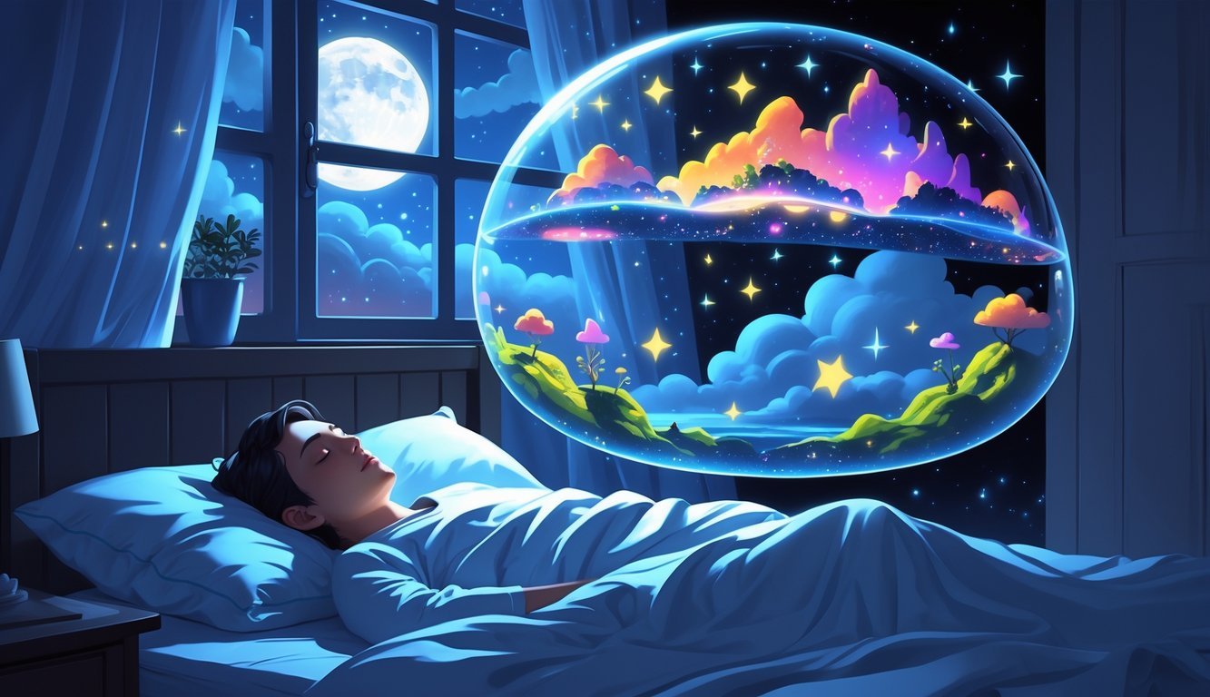 A person sleeping in bed with a translucent bubble above showing surreal dream imagery, symbolizing awareness within a dream.