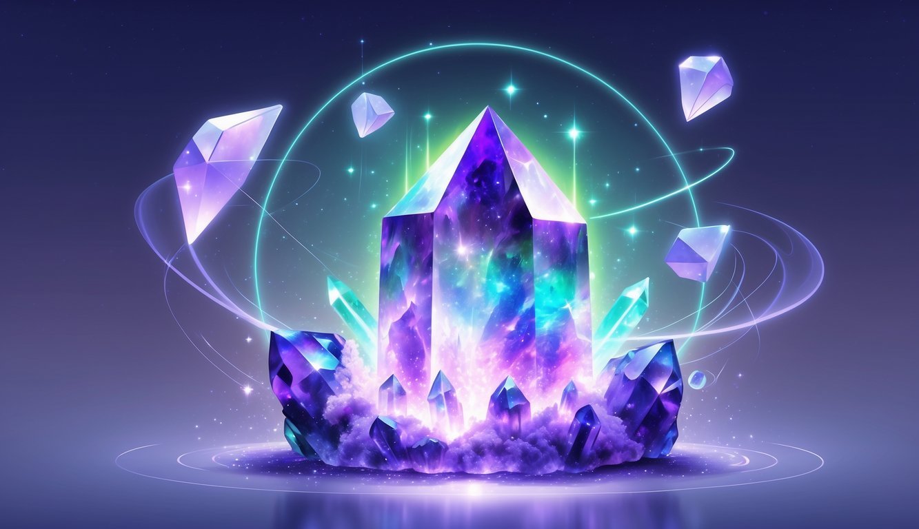 A glowing fluorite crystal surrounded by ethereal light and floating shapes in a mystical, colorful environment.