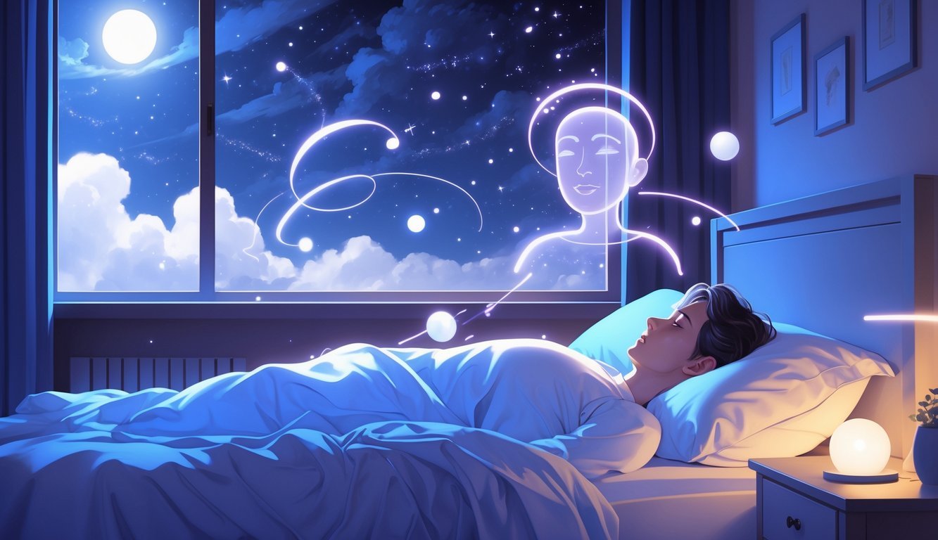 A person sleeping peacefully in a bedroom at night with glowing dream-like shapes floating around them and a calm figure above representing awareness within the dream.