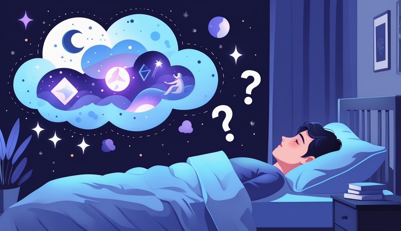 A person sleeping peacefully in a bedroom at night with a glowing dream cloud above their head containing moon, stars, and abstract shapes, surrounded by subtle question marks.