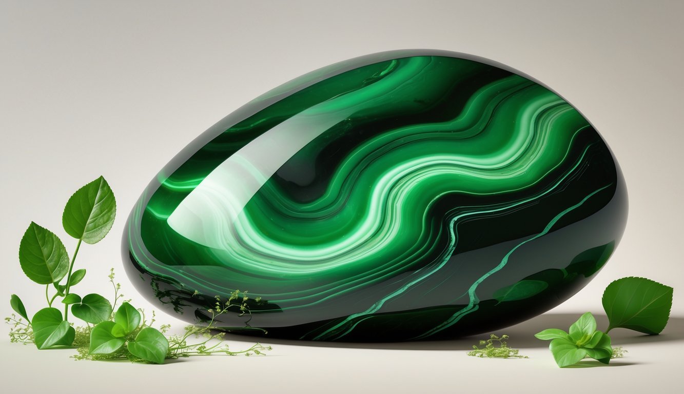 A polished green obsidian stone with deep green colors and natural patterns, surrounded by small green leaves and moss on a neutral background.