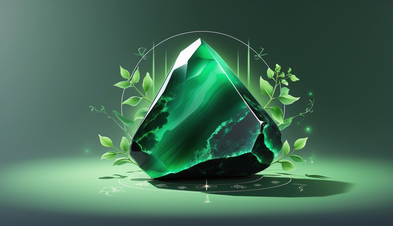A polished green obsidian stone surrounded by green leaves, light rays, and ancient symbols on a green gradient background.