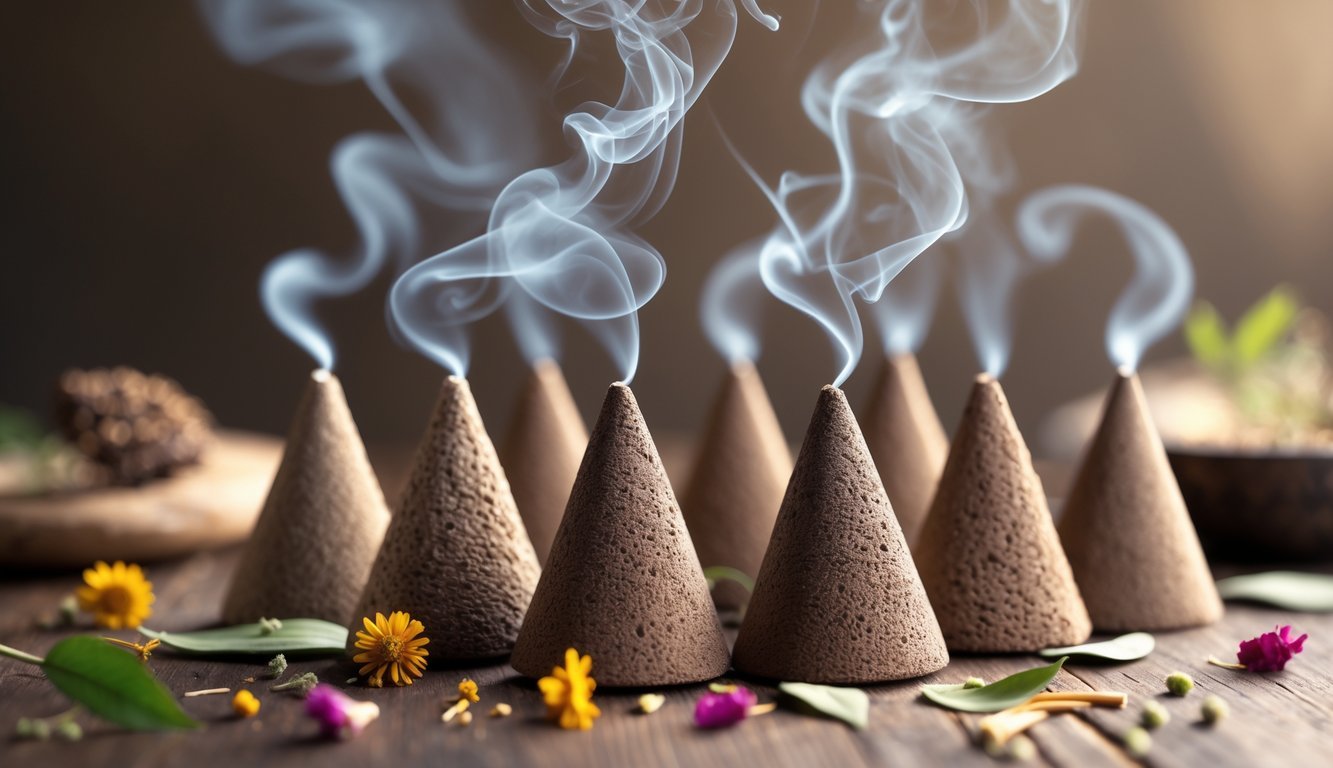 Close-up view of several incense cones on a wooden surface with wisps of smoke rising and natural elements around them.
