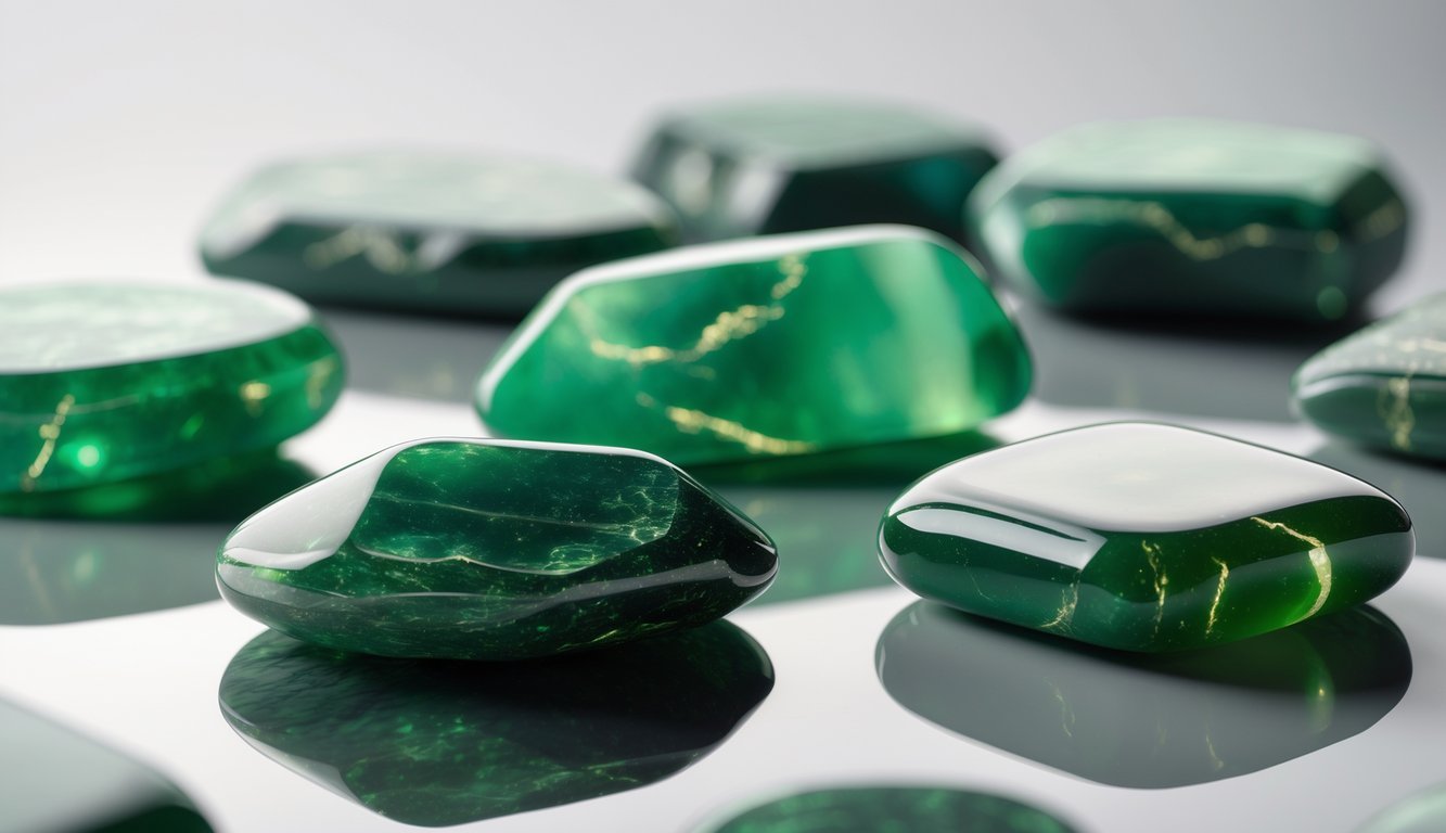 A group of polished green obsidian stones arranged on a smooth surface with soft lighting highlighting their glossy texture.