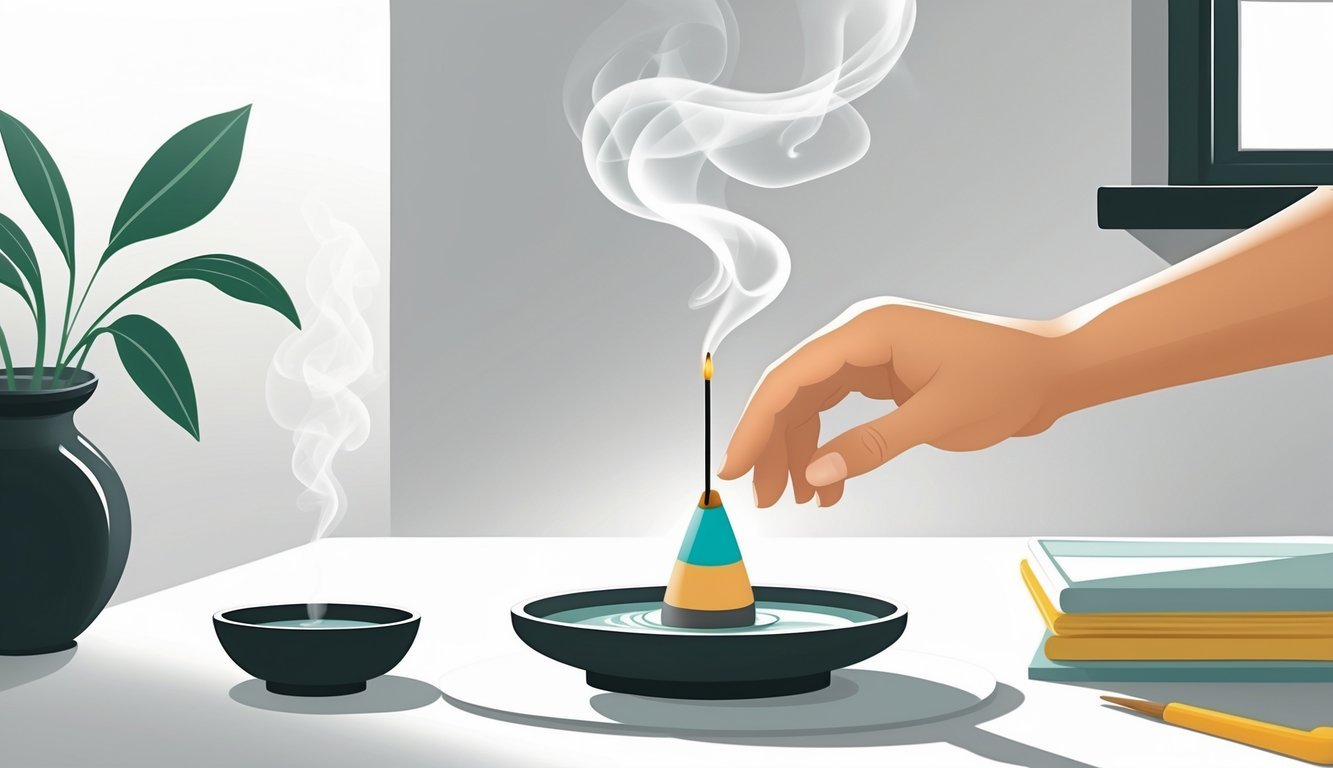 A hand placing a lit incense cone on a ceramic holder on a stable surface with smoke rising gently, next to a bowl of water and a window showing fresh air.