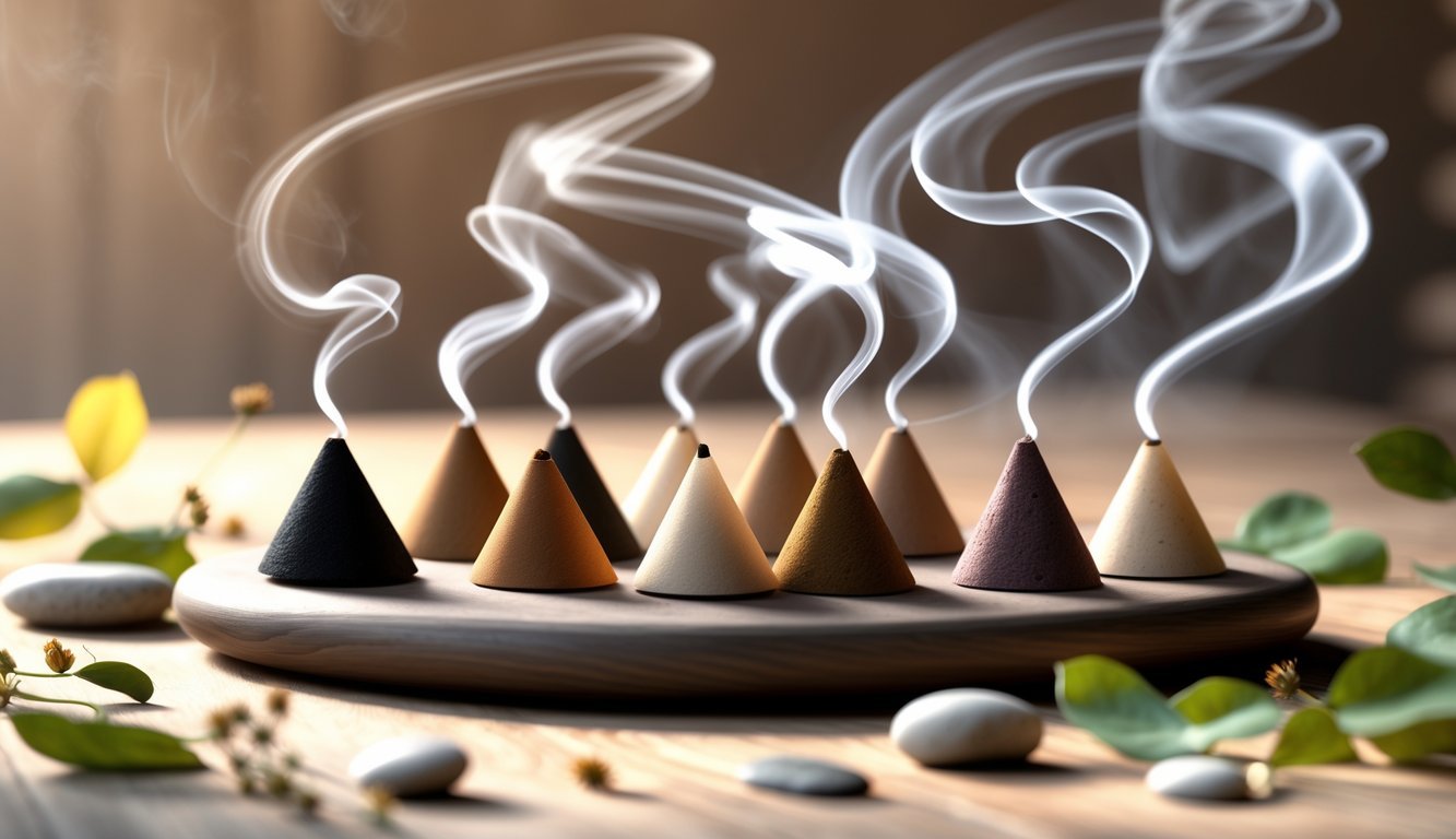 A collection of incense cones on a wooden surface with gentle smoke rising, surrounded by leaves, dried flowers, and stones.
