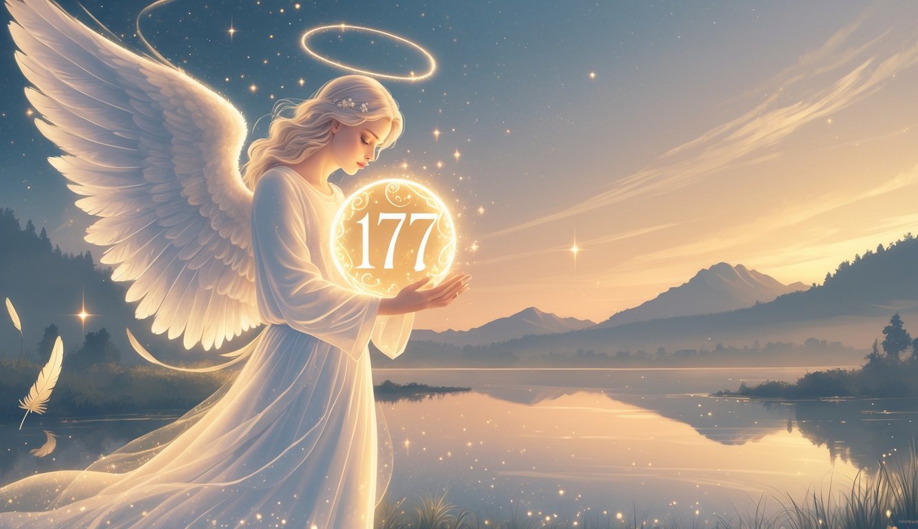 A glowing angel holding a radiant orb surrounded by feathers and stars over a calm lake with mountains in the distance at dawn.