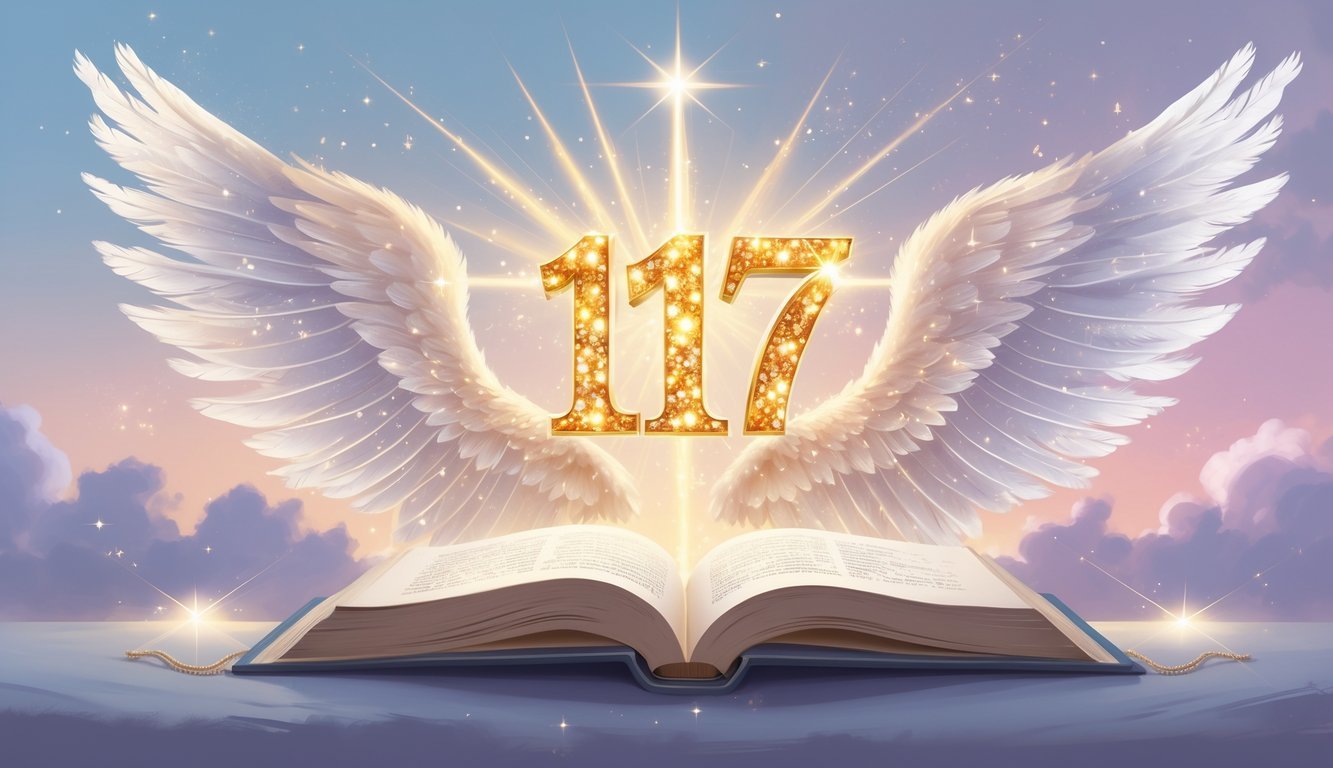 A glowing golden number 1717 above an open book with mystical symbols, surrounded by angel wings and soft light beams against a calm dawn sky.