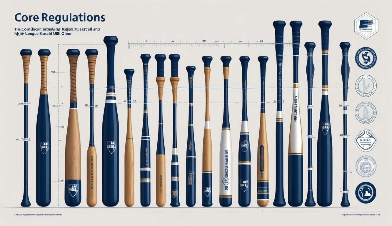 A collection of baseball bats with measuring tools highlighting their size and features, representing official MLB bat regulations.