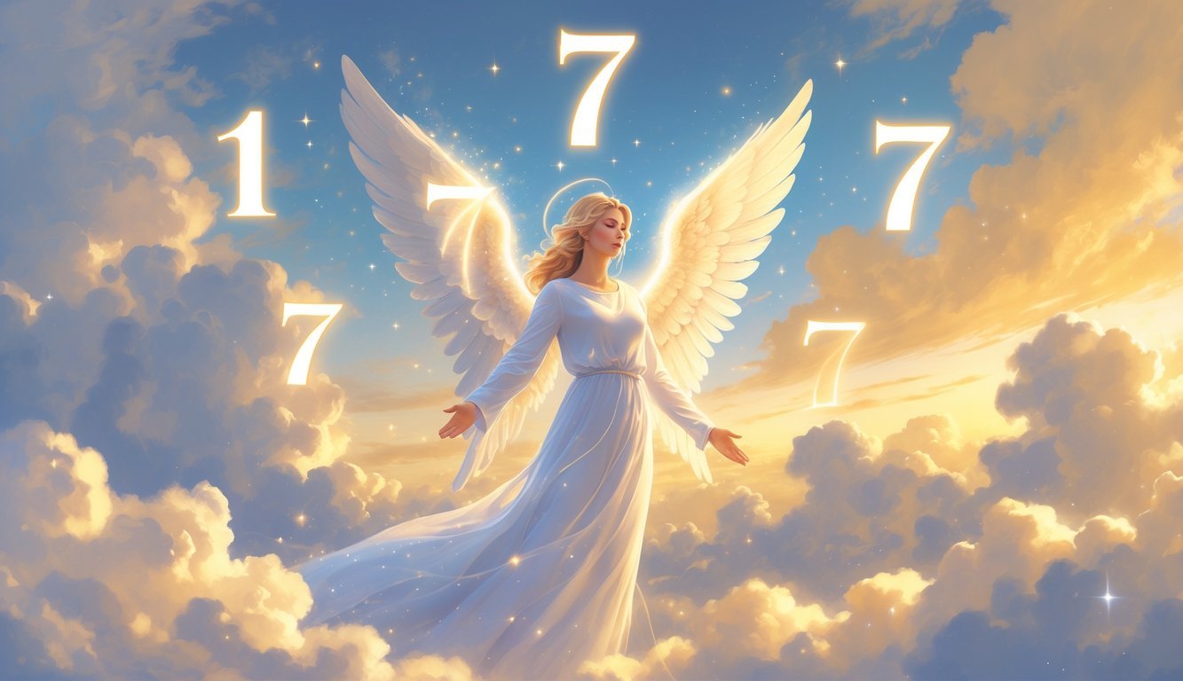 An angel with glowing wings surrounded by soft clouds and glowing numbers 1717 in a peaceful sky at sunrise.