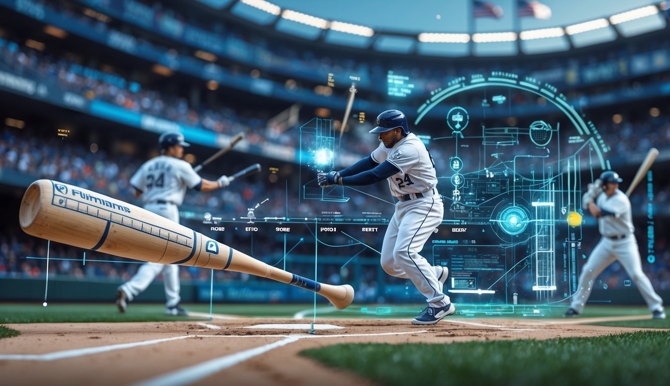 An illustration showing a detailed baseball bat, a timeline of key events, engineers working on bat designs, and a baseball stadium with players in action.