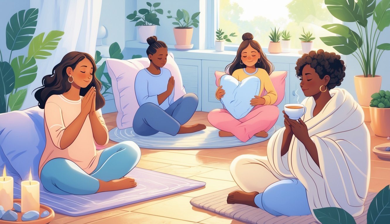 People in a calm room practicing self-soothing activities like deep breathing, hugging a pillow, drinking tea, and sitting wrapped in a blanket.