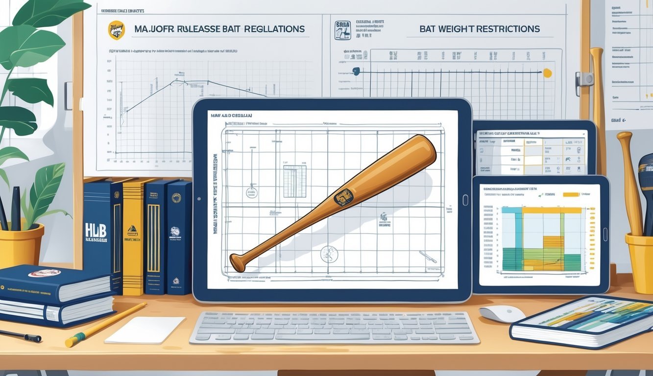 A workspace with blueprints, baseball bats, and charts illustrating Major League Baseball bat regulations.