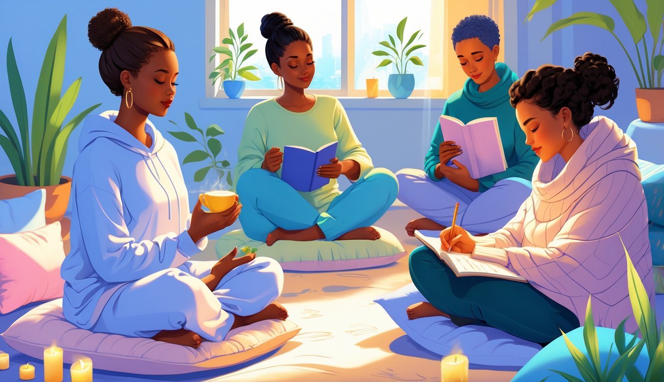 People practicing self-soothing techniques such as meditation, drinking tea, journaling, and hugging themselves in a calm, cozy room with plants and soft light.