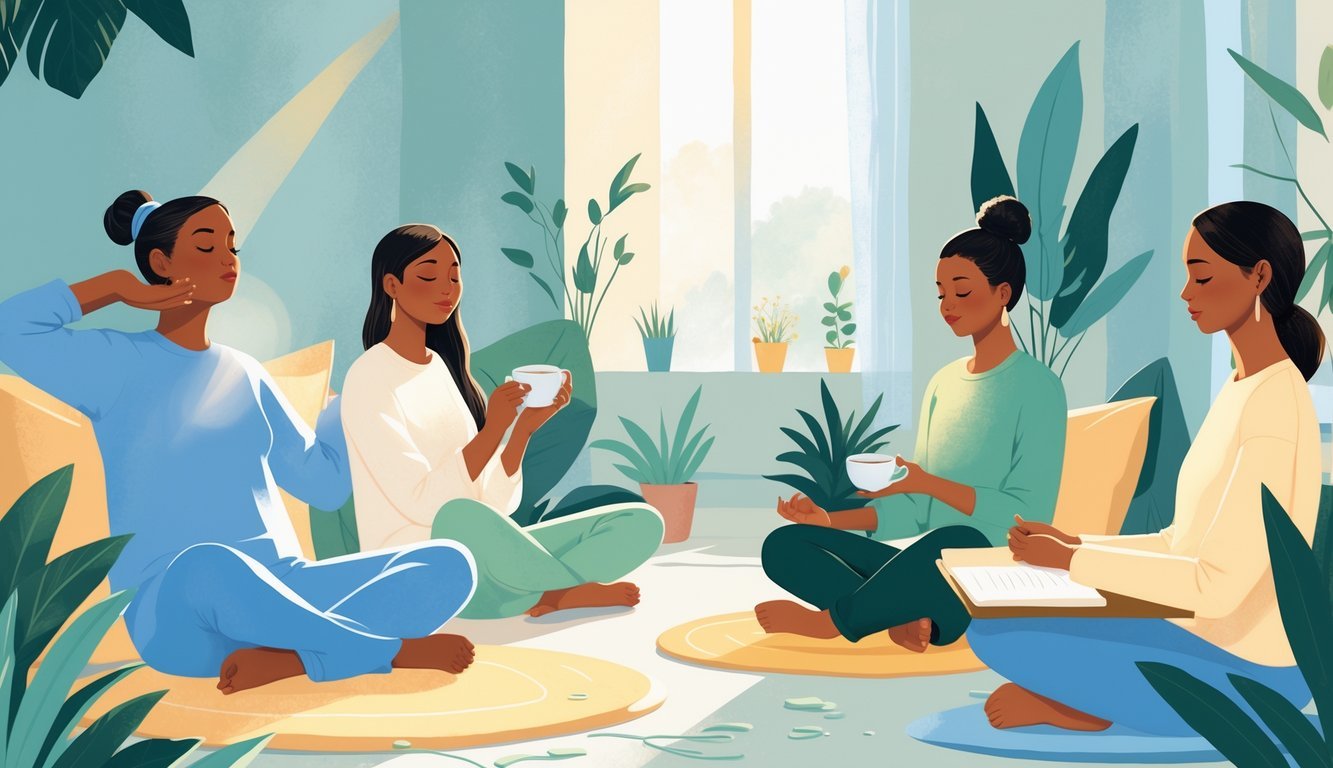 A group of people practicing self-soothing techniques such as deep breathing, drinking tea, meditating, and journaling in a calm, peaceful room with natural light and plants.