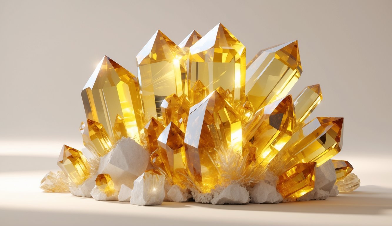 A cluster of golden-yellow citrine crystals with sharp facets and natural textures on a plain background.