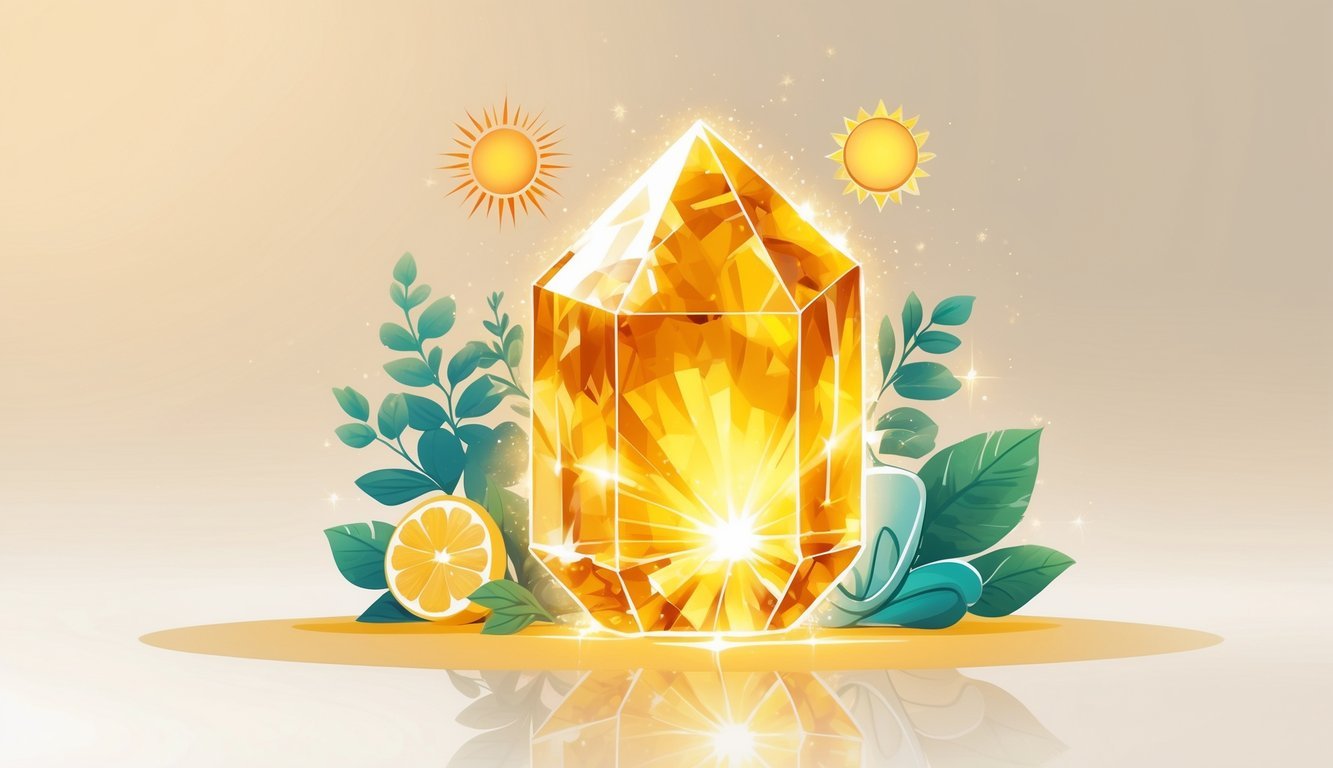 A glowing golden-yellow citrine crystal surrounded by symbols of energy, growth, meditation, and healing on a warm background.