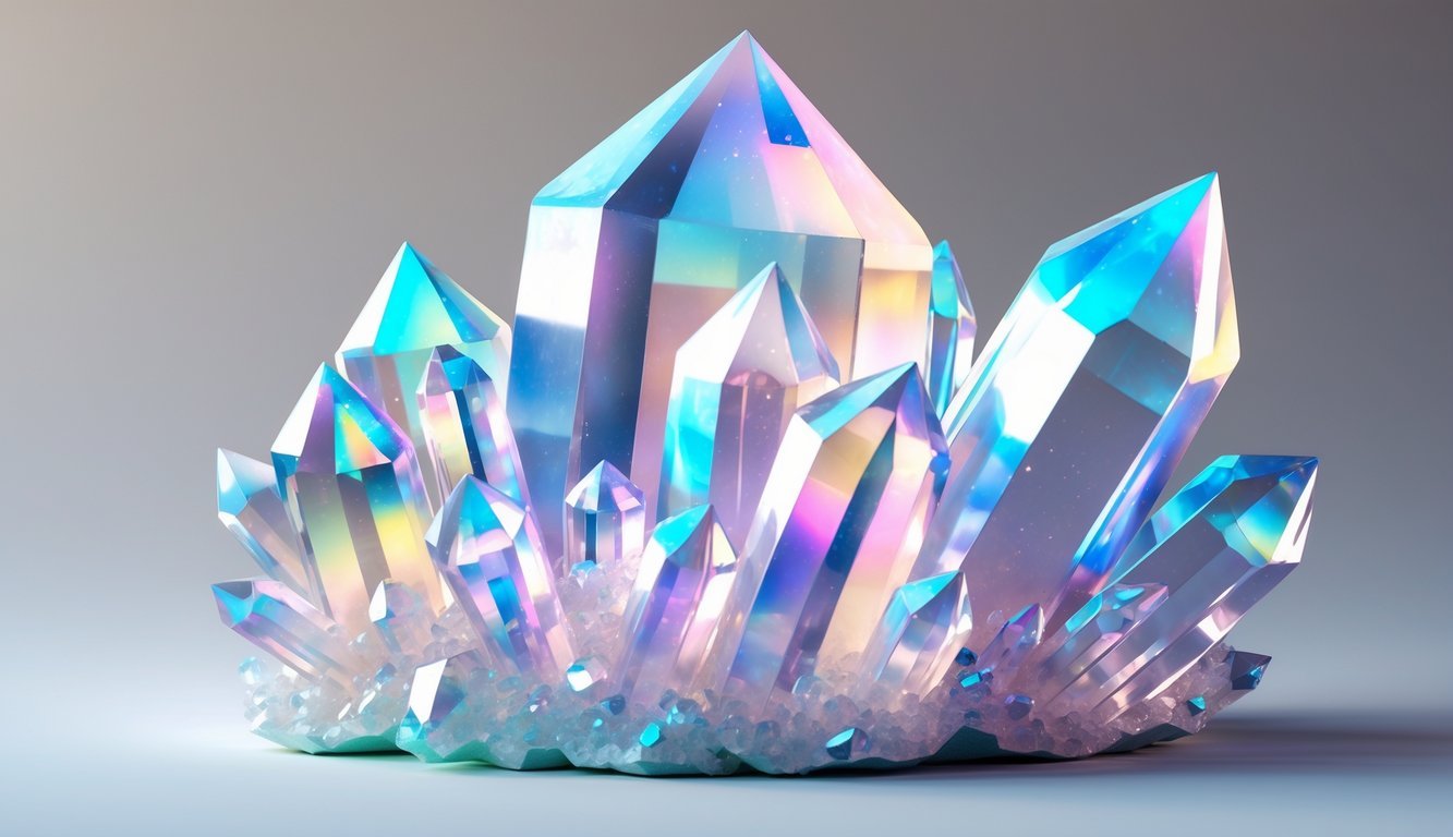 A cluster of glowing, iridescent quartz crystals with pastel colors on a neutral background.