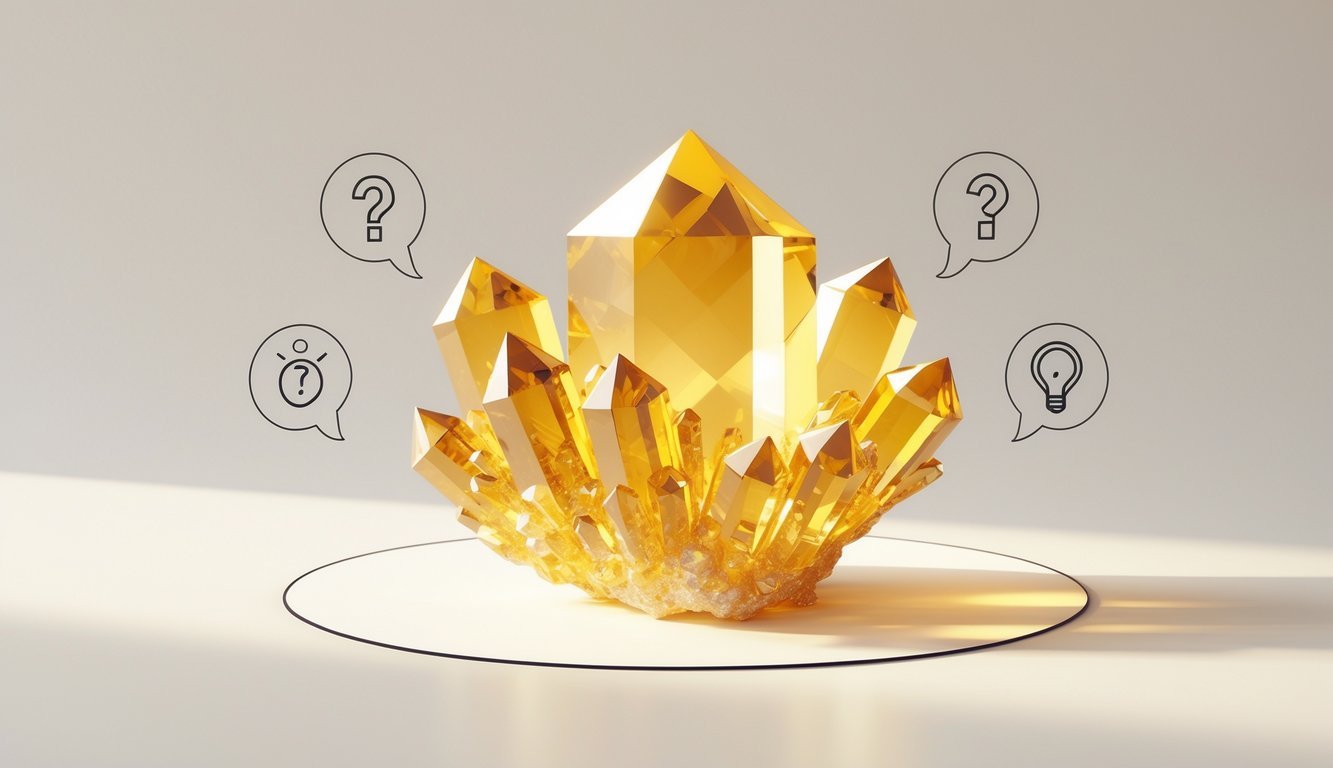 A detailed illustration of a golden-yellow citrine crystal cluster with icons representing questions arranged around it.