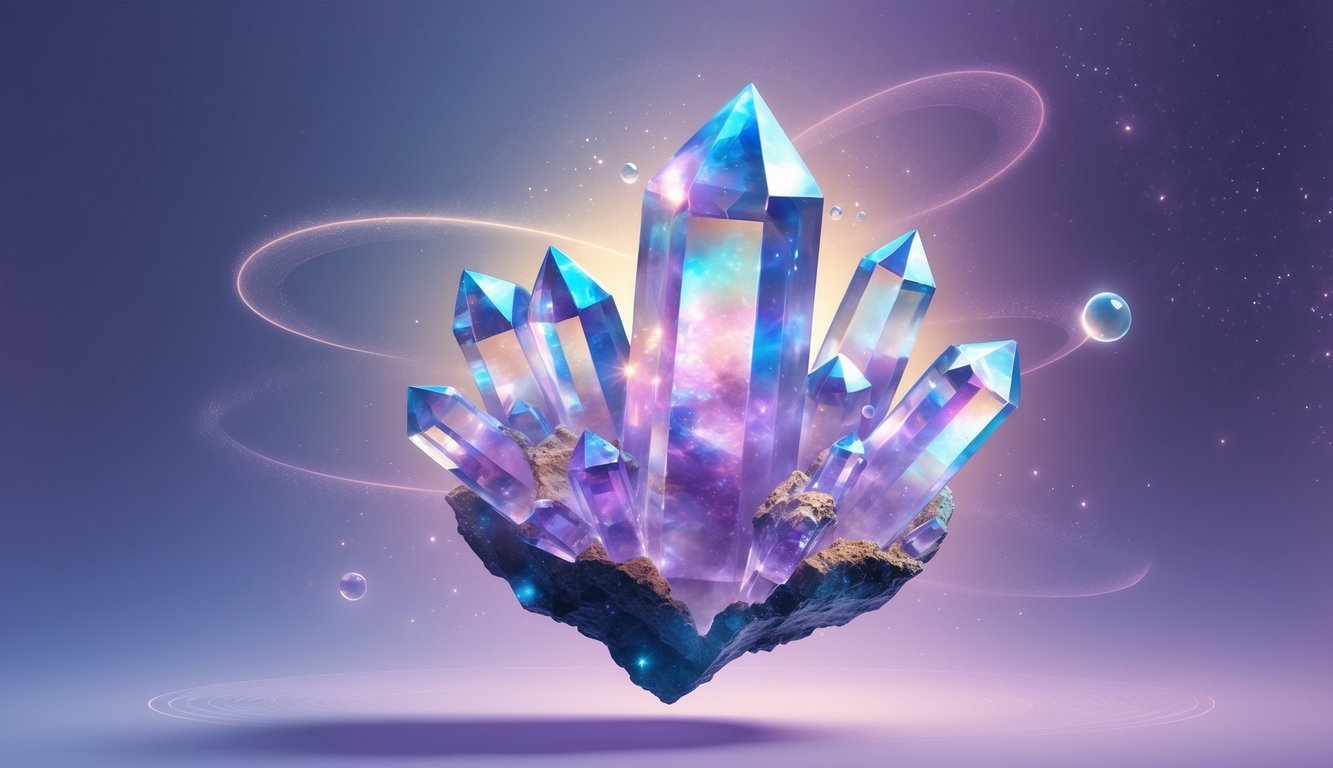 A glowing cluster of aura quartz crystals surrounded by soft light and energy waves against a calm, colorful background.