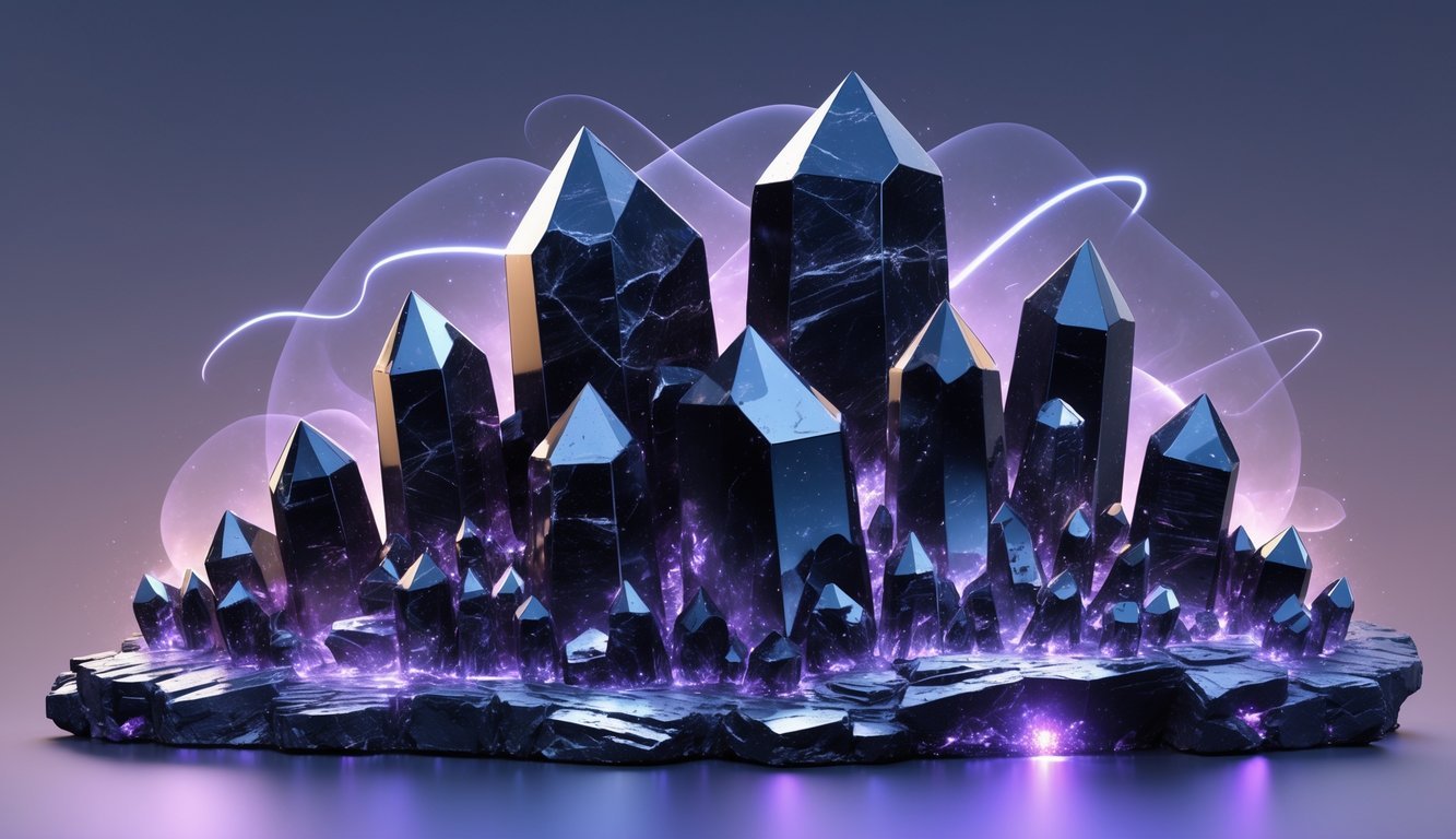 A large black tourmaline crystal cluster resembling a stone fortress surrounded by a faint glowing aura.