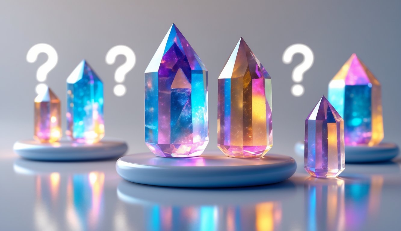 Several colorful aura quartz crystals glowing softly on a smooth surface with abstract question mark shapes around them.