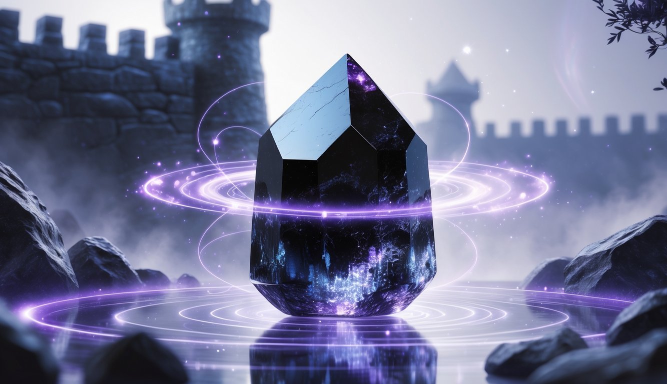 A polished black tourmaline crystal surrounded by glowing auras and light particles, set against a background with faint stone fortress shapes symbolizing protection and healing.