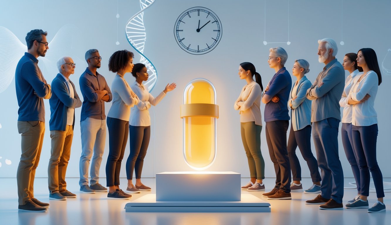 A group of diverse people showing hesitation and contemplation around a glowing futuristic pill on a pedestal.