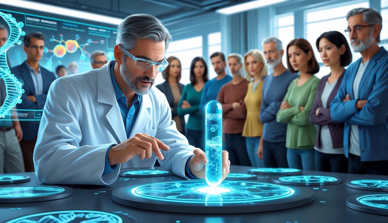 A scientist in a lab coat examines a glowing capsule in a futuristic lab while a diverse group of people nearby show hesitant and cautious expressions.