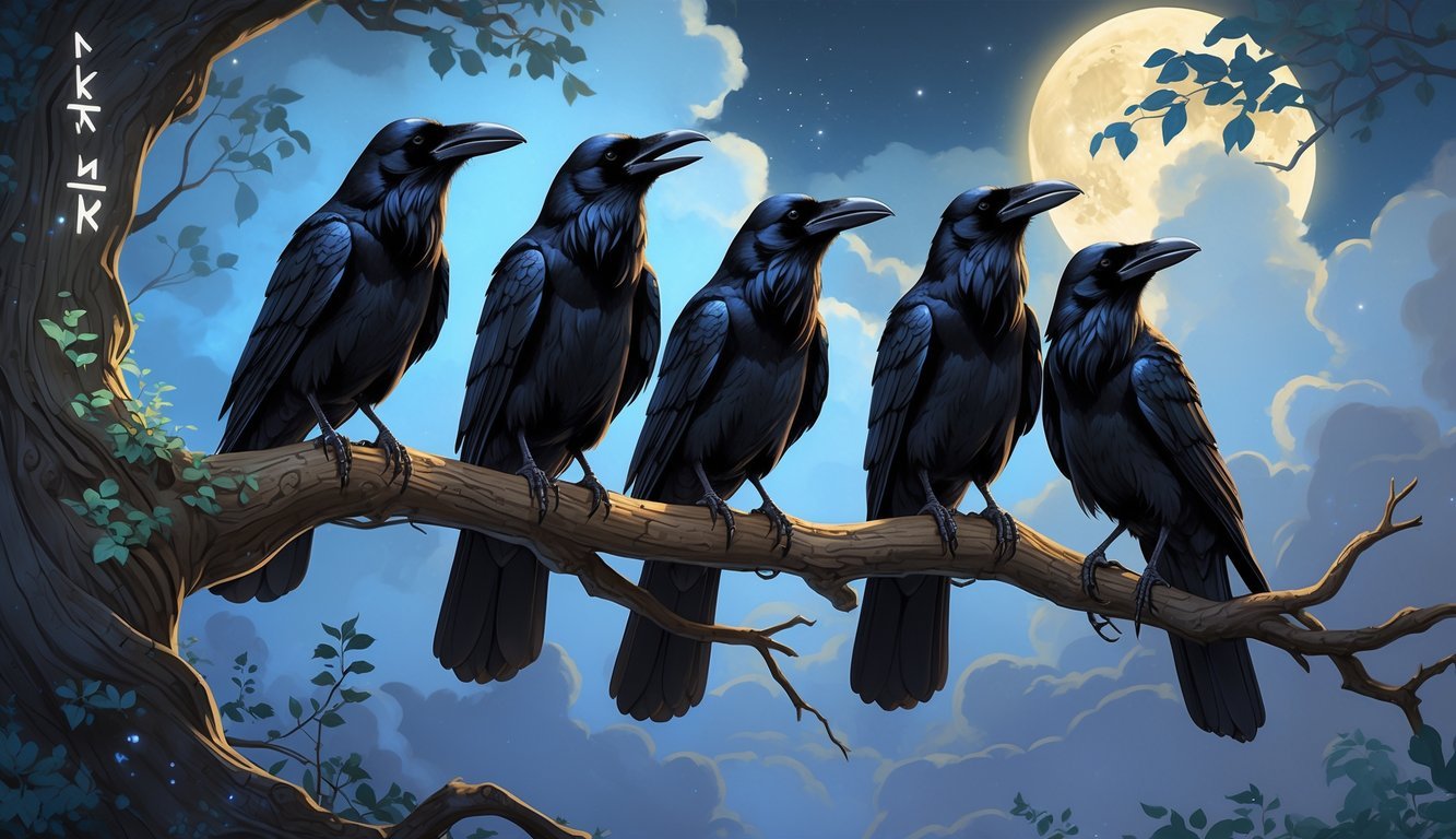 A group of crows cawing while perched on tree branches at dusk, surrounded by a mystical atmosphere with a crescent moon in the sky.