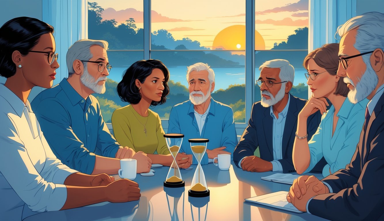A diverse group of people sitting around a table, thoughtfully discussing with symbolic items like a pill bottle, hourglass, and clock on the table, near a window showing a sunrise.