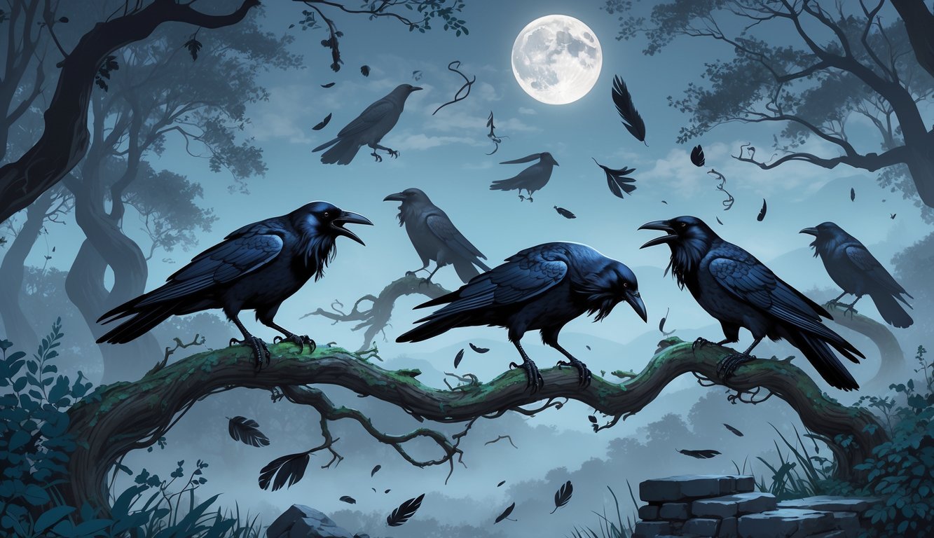Several crows perched on twisted tree branches under a twilight sky with a full moon, surrounded by subtle cultural symbols and mist.