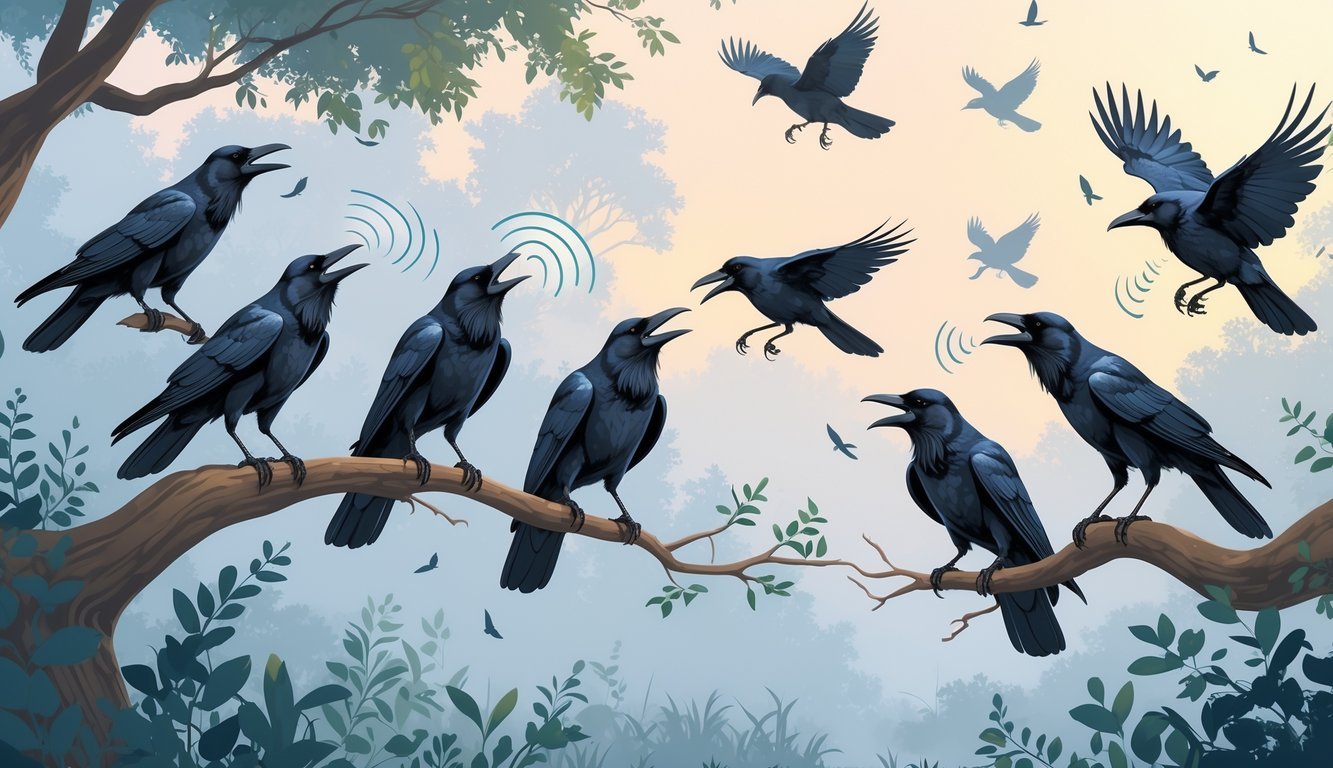 A group of crows perched on tree branches and flying in a misty forest at dawn, with some crows appearing to call out to each other.