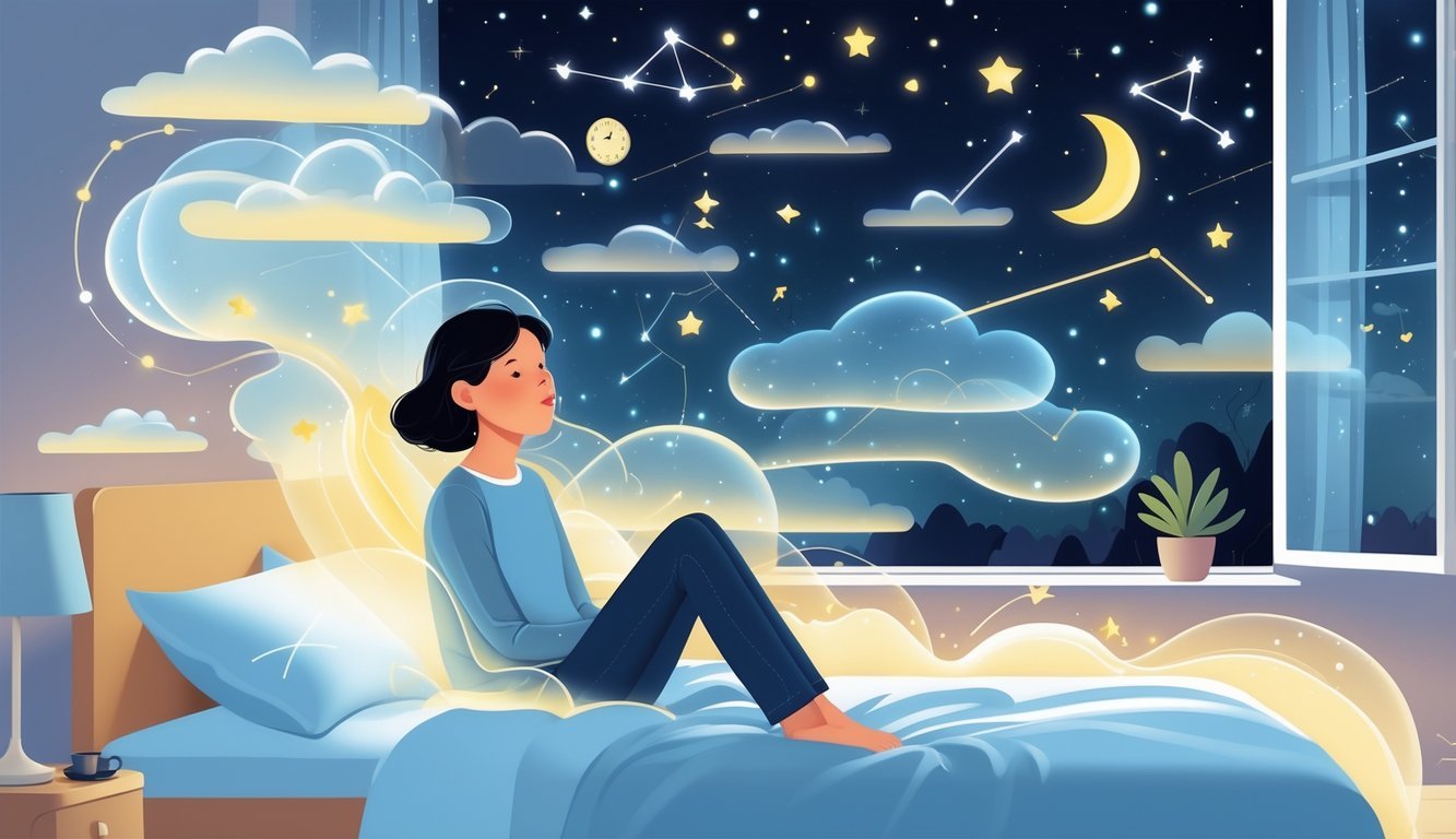 A person sitting on a bed surrounded by floating dream symbols like clouds, stars, and a clock, with a night sky visible through a window.