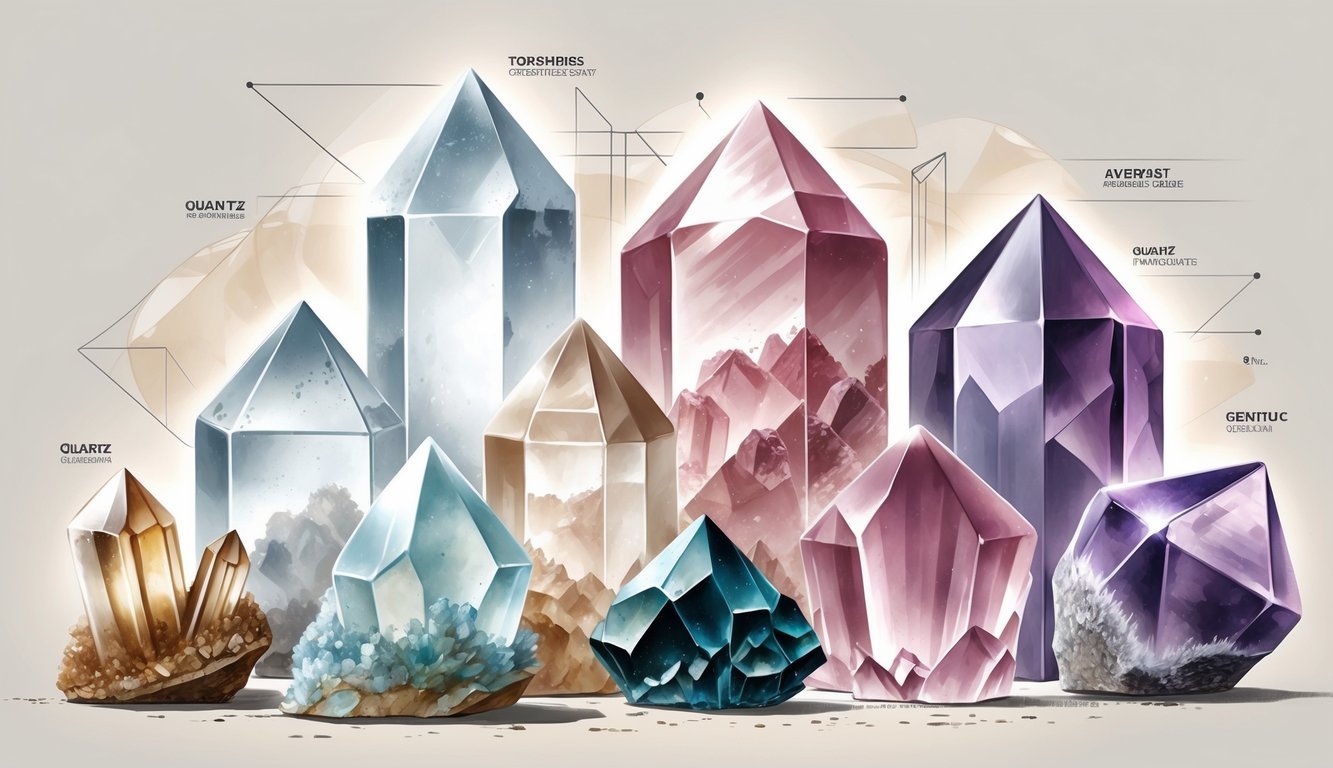 Various raw quartz crystals of different colors and shapes arranged together on a neutral background, showing their natural textures and forms.
