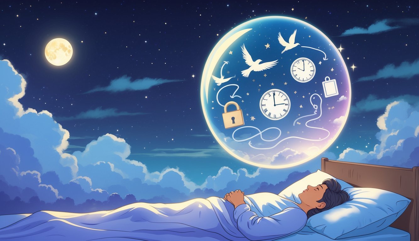 A person sleeping peacefully with a dream bubble above them showing symbols like a bird, path, clock, door, and star under a starry night sky.