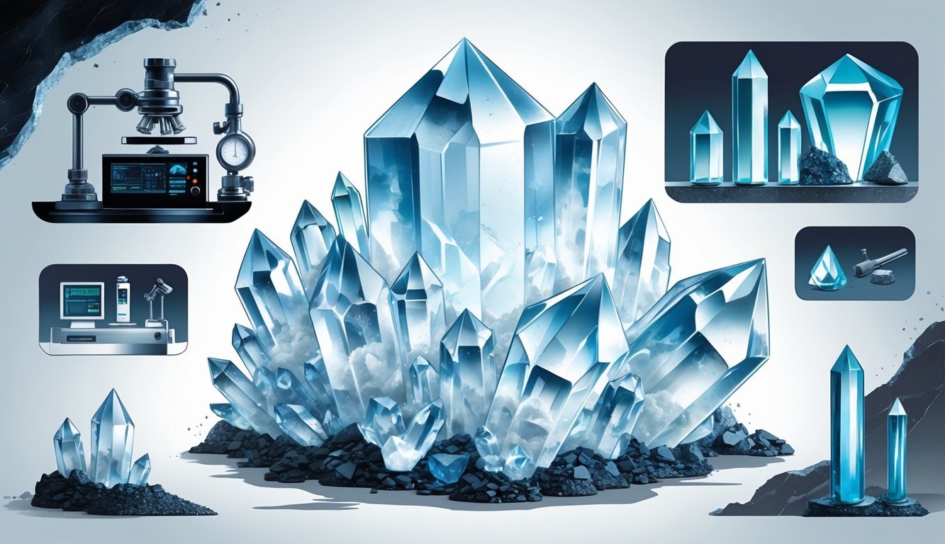 A large cluster of raw quartz crystals surrounded by scenes showing its use in electronics, jewelry, and industry.
