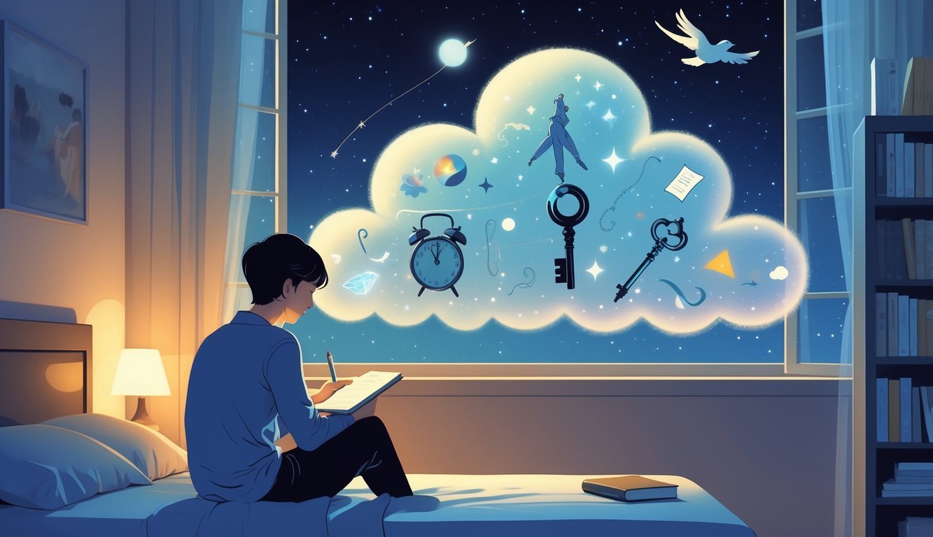 A person sitting on the edge of a bed at night, writing in a notebook with a dream-like cloud of symbolic images floating above them.
