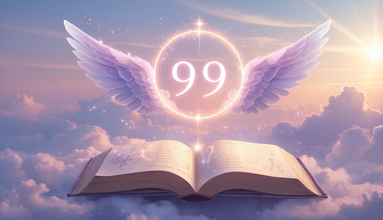 A glowing number 949 floating above an open ancient book with angelic wings of light and a peaceful sky with clouds and sunlight in the background.