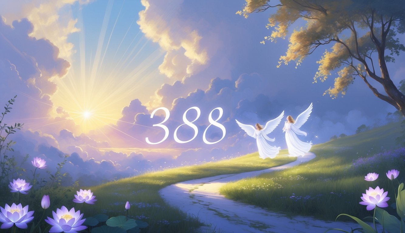 A glowing path in a peaceful landscape with angelic figures guiding the way toward a bright horizon, surrounded by flowers and trees.